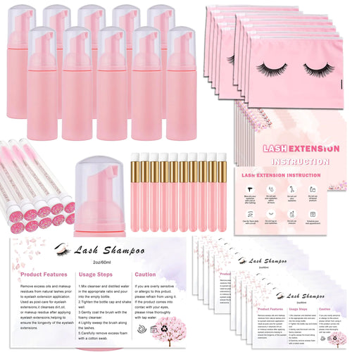 60pcs Lash Extension Cleaning Kit for Clients10pcs Lash Brushes10pcs Eyelash Brush with Tubes10pcs Lash Bottles10pcs Eyelash Bags10pcs Lash Shampoo Stickers10pcs Instruction Card (Pink 2)